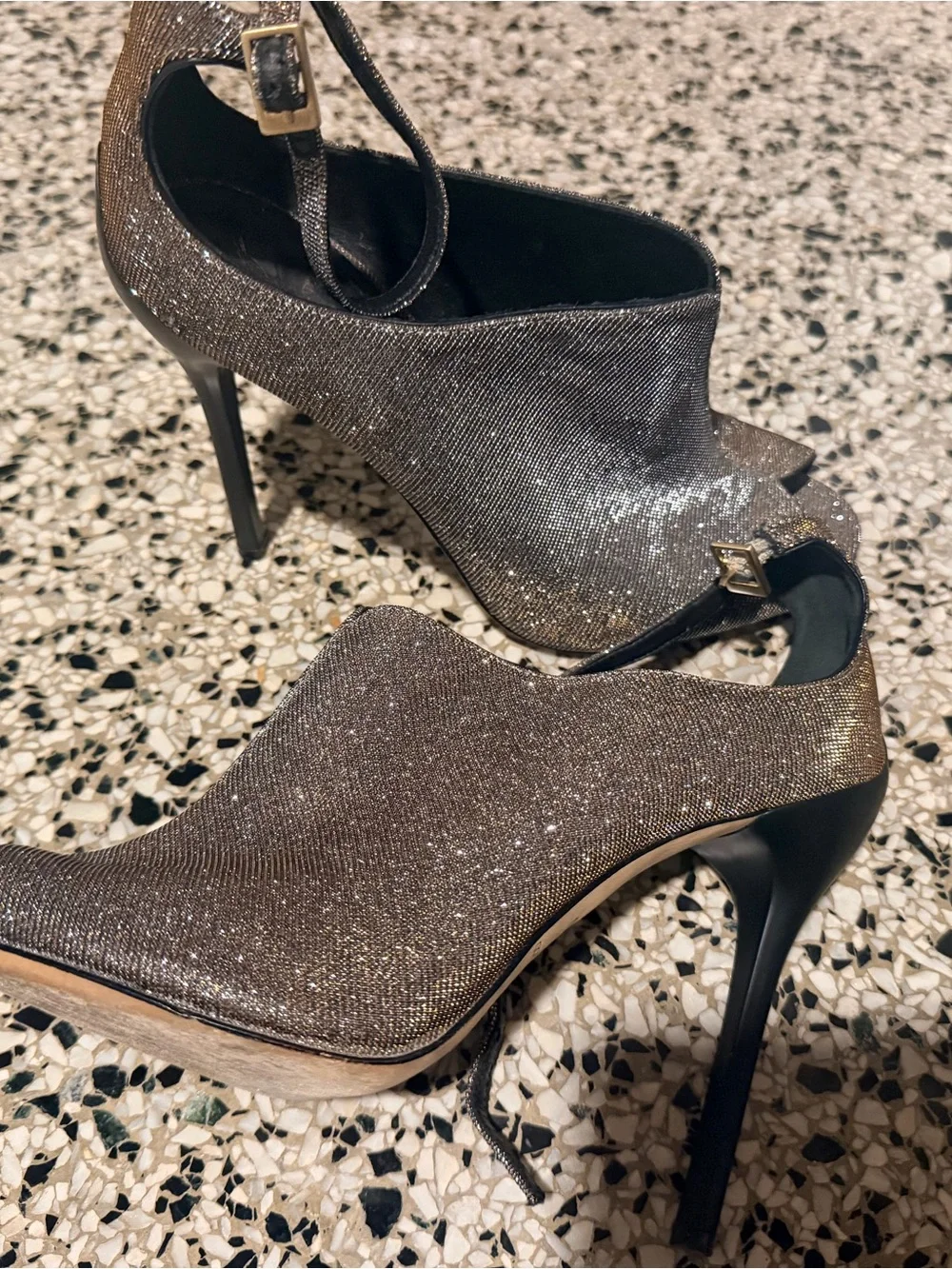 Brian Atwood Metallic Black and Gold Peep-Toe Slingback Heels
